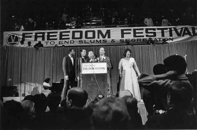 Chicago, IL Freedom Festival, Sidney Poitier, Harry Belafonte, Martin Luther King Jr., Al Raby, Mahalia Jackson 1966