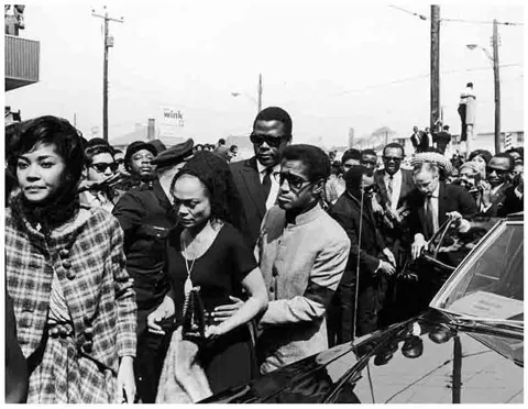 Singer Nancy Wilson, actress Eartha Kitt, musician/dancer/actor Sammy Davis Jr., actor Sidney Poitier, Berry Gordy Jr. (Motwon Label founder) and actor Marlon Brando going to Martin Luther King's Funeral.
