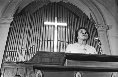 Amelia Boynton speaking to an audience during a civil rights meeting at Brown Chapel in Selma, Alabama, May 10, 1966, Jim Peppler, Courtesy of Alabama Department of Archives and History