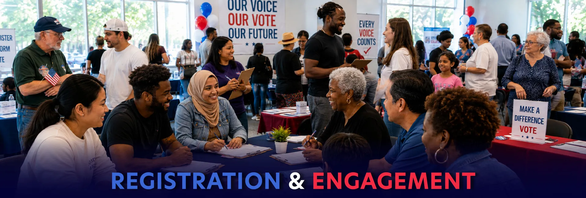 People registering and engaging voters at a community event. Overlay text: Registration and Engagement
