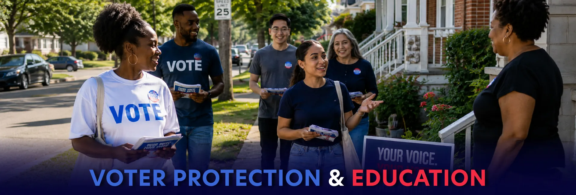 Canvassers talking with a neighbor on a residential street. Overlay text: Voter Protection and Education