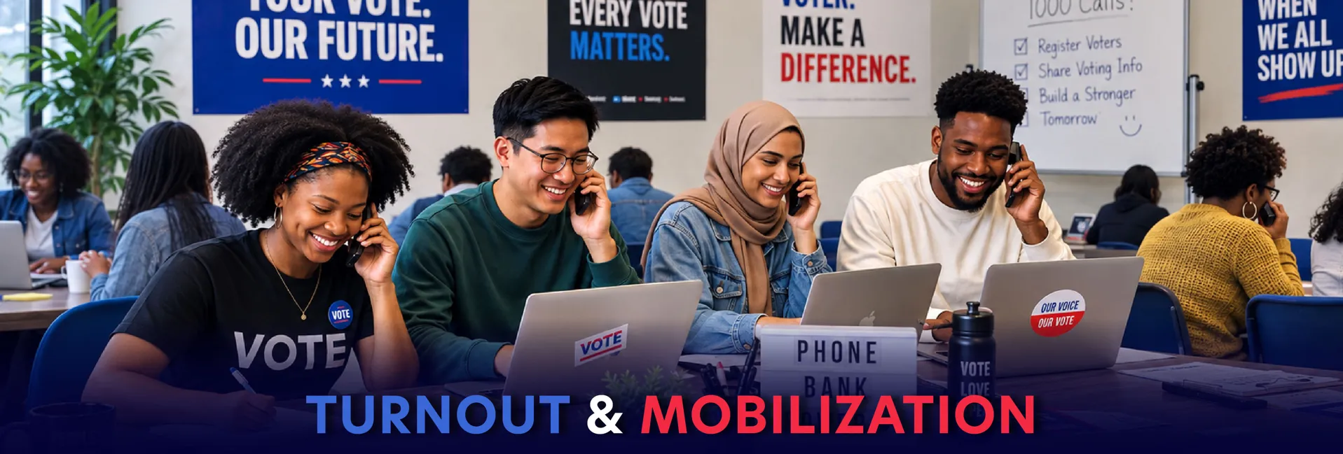 Volunteers working a phone bank. Overlay text: Turnout and Mobilization