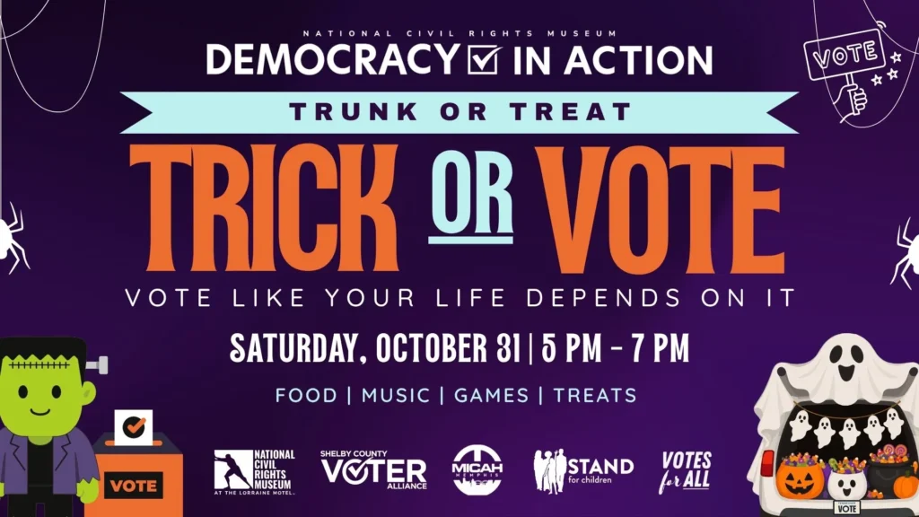 Trick or Vote. Trunk or Treat. Saturday, October 31, 5 to 7 p.m. Food, music, games, and treats. Free family-friendly event.